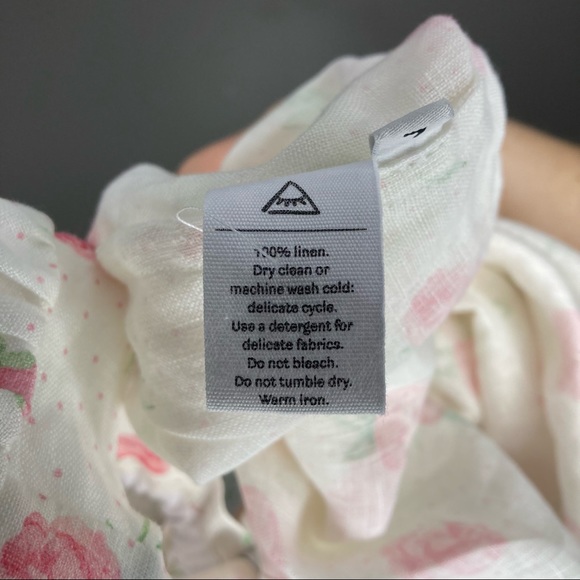 SLEEPER Marquise Linen Dress in Roses Pink White Lace Front Puff Sleeve L - Picture 9 of 9